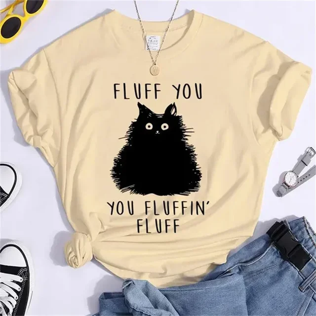 Fashion T-shirts Short Sleeve 90s Trend Casual T-shirts Women Summer T Clothing Ladies Cat Fluff You Fluffin Fluff Graphic Tees