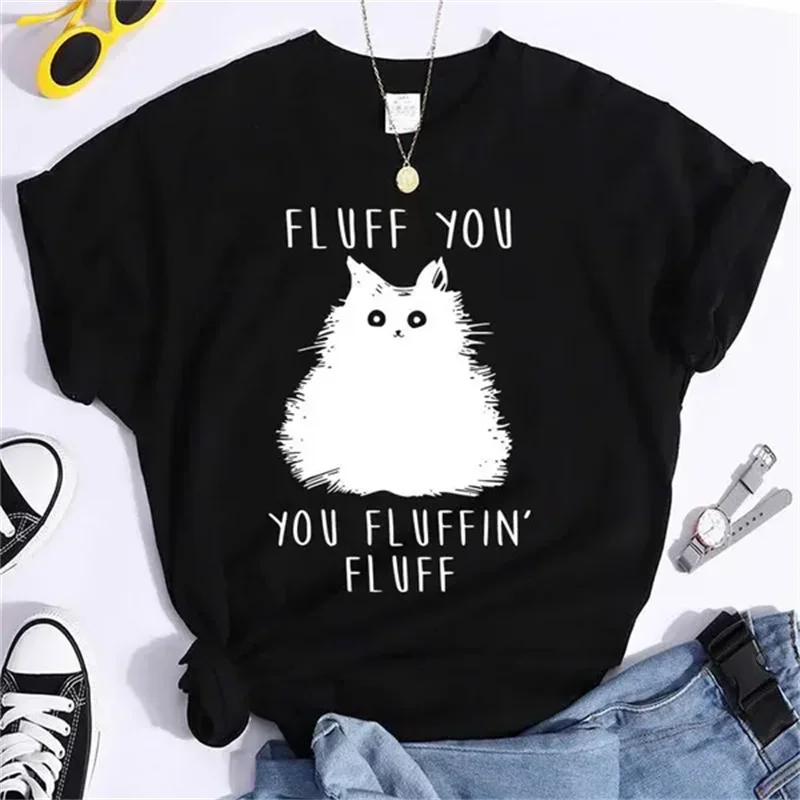 Fashion T-shirts Short Sleeve 90s Trend Casual T-shirts Women Summer T Clothing Ladies Cat Fluff You Fluffin Fluff Graphic Tees