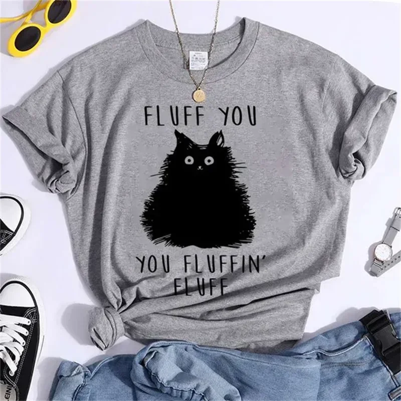 Fashion T-shirts Short Sleeve 90s Trend Casual T-shirts Women Summer T Clothing Ladies Cat Fluff You Fluffin Fluff Graphic Tees