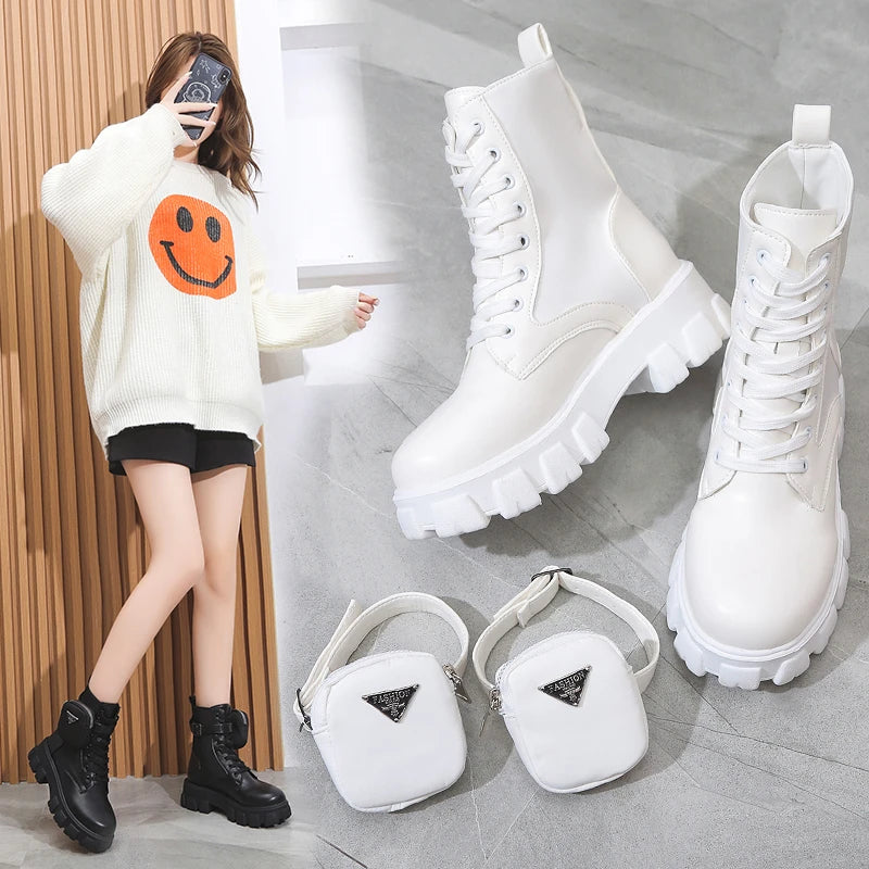 Fashion White Punk Ankle Platform Motorcycle Boots Women Lace Up Chunky Heel Belt Buckle Pocket Designer Shoes Women Boots