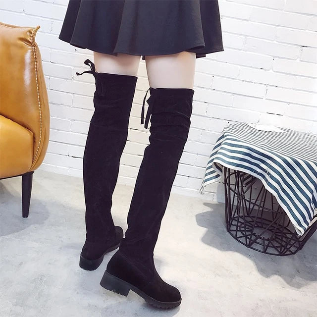 Faux Suede Female Heels Autumn Zipper Elastic Knee-high Boots for Women Tube Lace-up Thigh Gigh Boots Black Botas Mujer