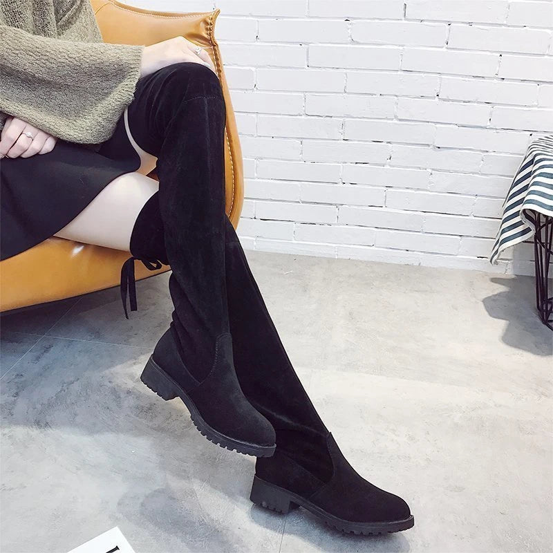 Faux Suede Female Heels Autumn Zipper Elastic Knee-high Boots for Women Tube Lace-up Thigh Gigh Boots Black Botas Mujer