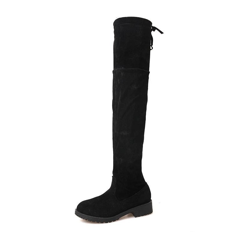 Faux Suede Female Heels Autumn Zipper Elastic Knee-high Boots for Women Tube Lace-up Thigh Gigh Boots Black Botas Mujer