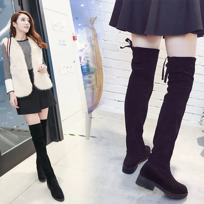 Faux Suede Female Heels Autumn Zipper Elastic Knee-high Boots for Women Tube Lace-up Thigh Gigh Boots Black Botas Mujer