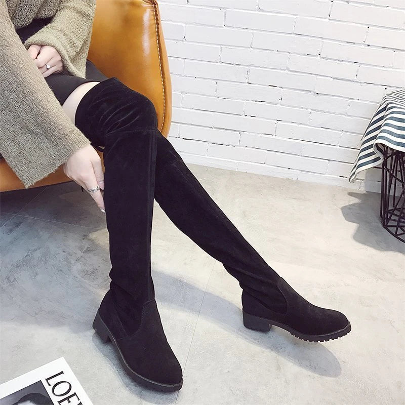 Faux Suede Female Heels Autumn Zipper Elastic Knee-high Boots for Women Tube Lace-up Thigh Gigh Boots Black Botas Mujer