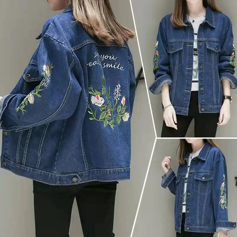 Fdfklak Plus Size Women Fashion Embroidered Denim Jacket Women Spring Autumn S-5XL Loose Casual Jacket Clothes Chaqueta Mujer