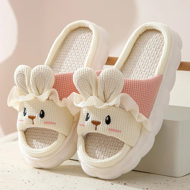 Four Seasons Universal Linen Slippers Women Men Home Slides Boys Girls Cute Rabbit Indoor Slippers Kids Soft Non-slip Flip Flops