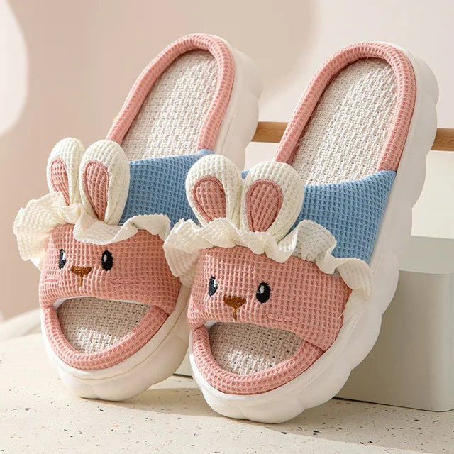 Four Seasons Universal Linen Slippers Women Men Home Slides Boys Girls Cute Rabbit Indoor Slippers Kids Soft Non-slip Flip Flops