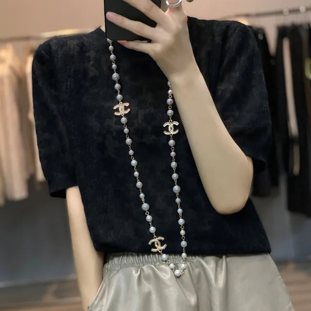 French elegant knit short sleeve women's round collar floral mulberry silk T - shirt thin temperament loose ice silk jacket