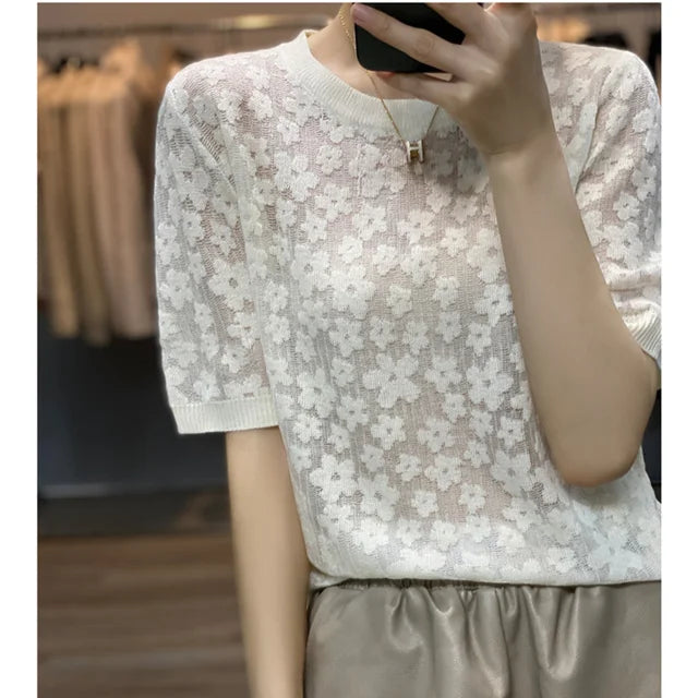 French elegant knit short sleeve women's round collar floral mulberry silk T - shirt thin temperament loose ice silk jacket