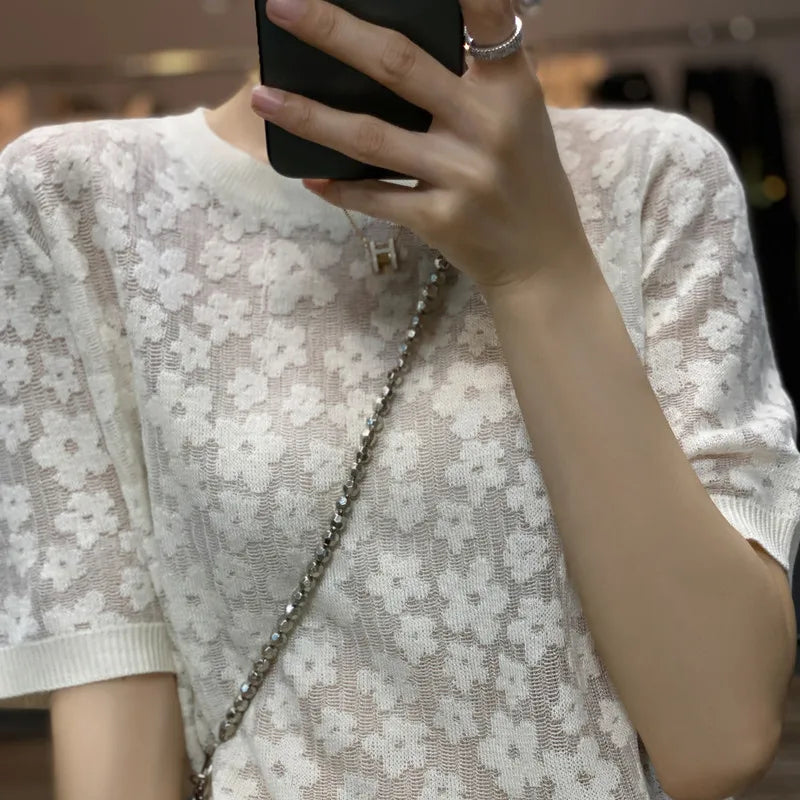 French elegant knit short sleeve women's round collar floral mulberry silk T - shirt thin temperament loose ice silk jacket