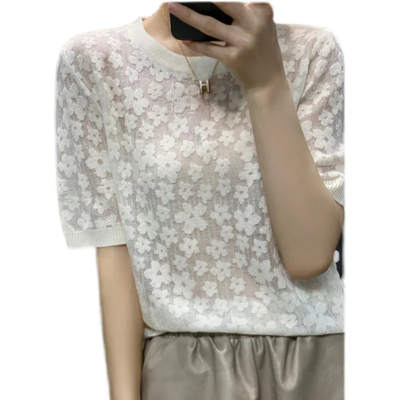 French elegant knit short sleeve women's round collar floral mulberry silk T - shirt thin temperament loose ice silk jacket