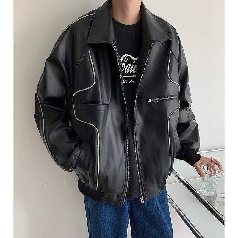 Green Black Beige Leather Jacket Men Fashion Oversized Leather Jackets Mens Streetwear Korean Hip-hop Loose Bomber Jacket Men