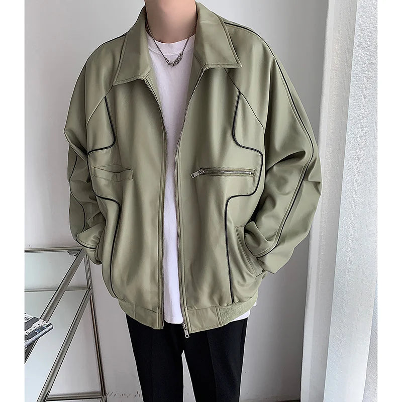 Green Black Beige Leather Jacket Men Fashion Oversized Leather Jackets Mens Streetwear Korean Hip-hop Loose Bomber Jacket Men