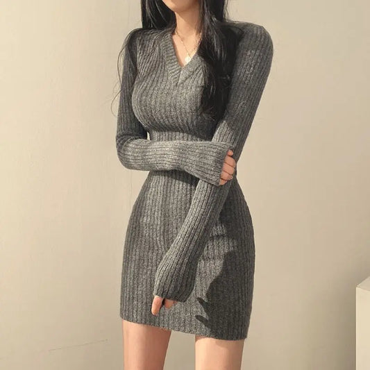 HELIAR Autumn Long Sleeve Bodycon Dress Casual Solid Midi Sweater Dress Knit V-Neck Slim Sexy Dresses For Women Winter 2023