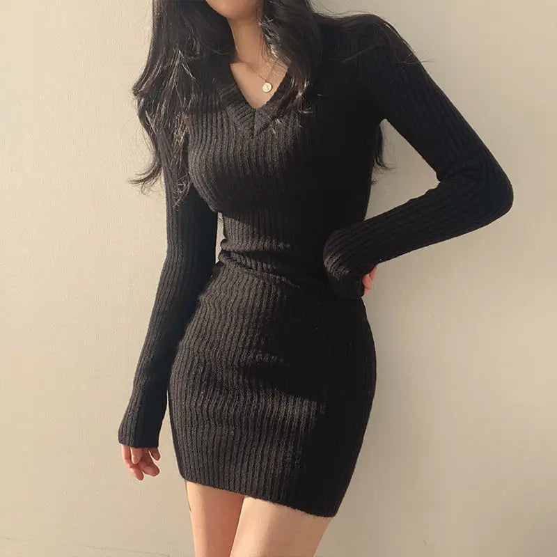 HELIAR Autumn Long Sleeve Bodycon Dress Casual Solid Midi Sweater Dress Knit V-Neck Slim Sexy Dresses For Women Winter 2023