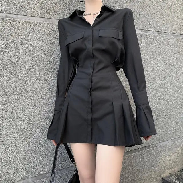 HOUZHOU Black Shirt Dress Women Elegant Vintage Long Sleeve Dresses Sexy Gothic Pleated Streetwear Turn-down Collar Casual Robe