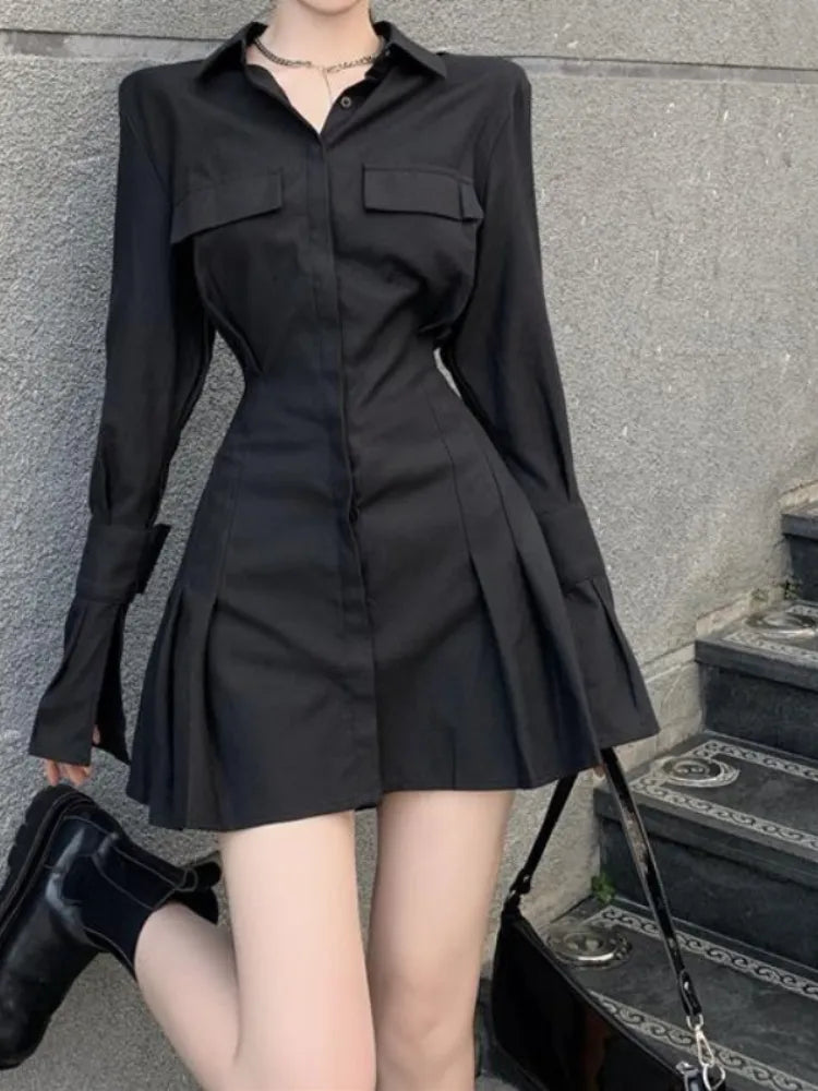 HOUZHOU Black Shirt Dress Women Elegant Vintage Long Sleeve Dresses Sexy Gothic Pleated Streetwear Turn-down Collar Casual Robe