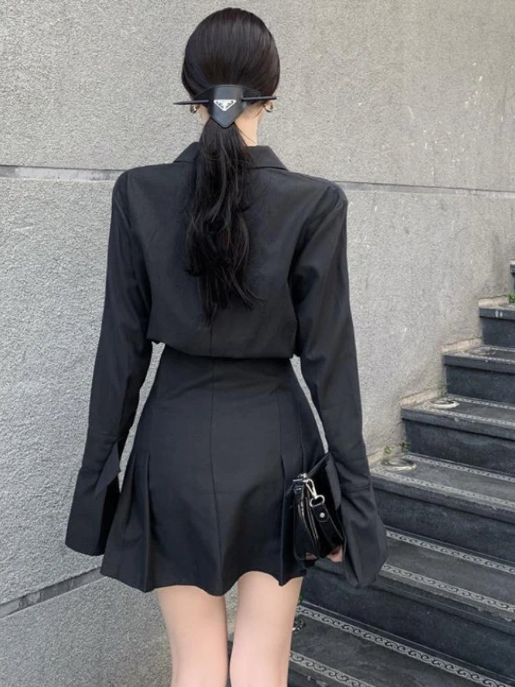 HOUZHOU Black Shirt Dress Women Elegant Vintage Long Sleeve Dresses Sexy Gothic Pleated Streetwear Turn-down Collar Casual Robe