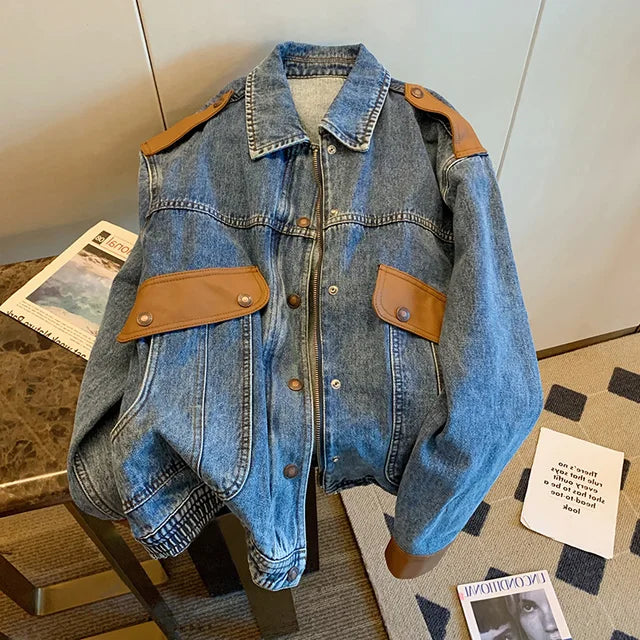 Hong Kong style retro contrast color patchwork denim jacket 2023 design sense small crowd loose jacket