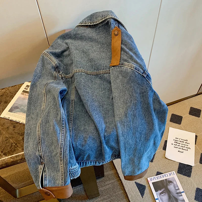 Hong Kong style retro contrast color patchwork denim jacket 2023 design sense small crowd loose jacket