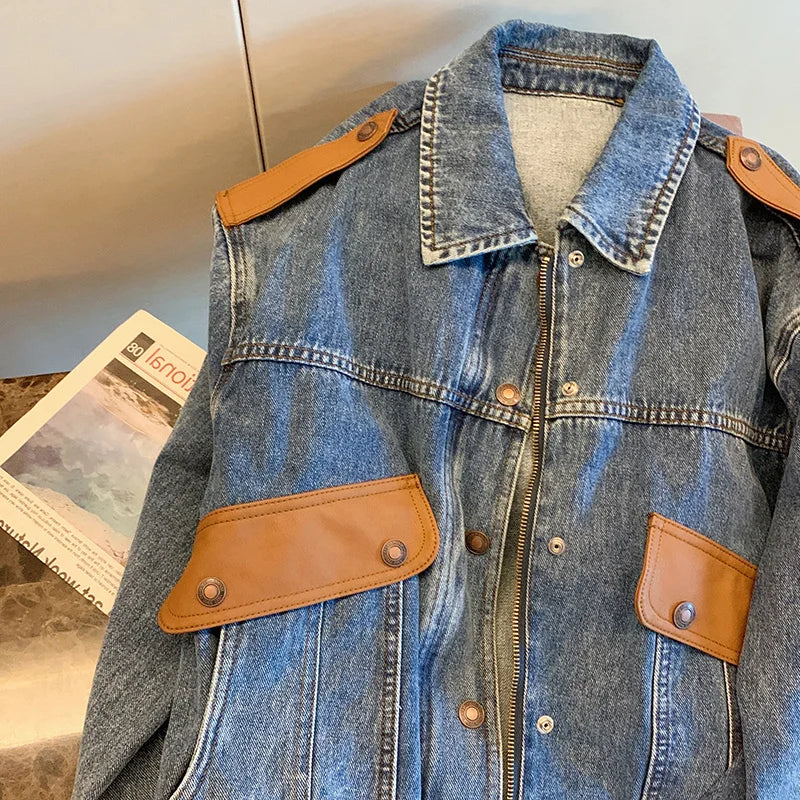 Hong Kong style retro contrast color patchwork denim jacket 2023 design sense small crowd loose jacket