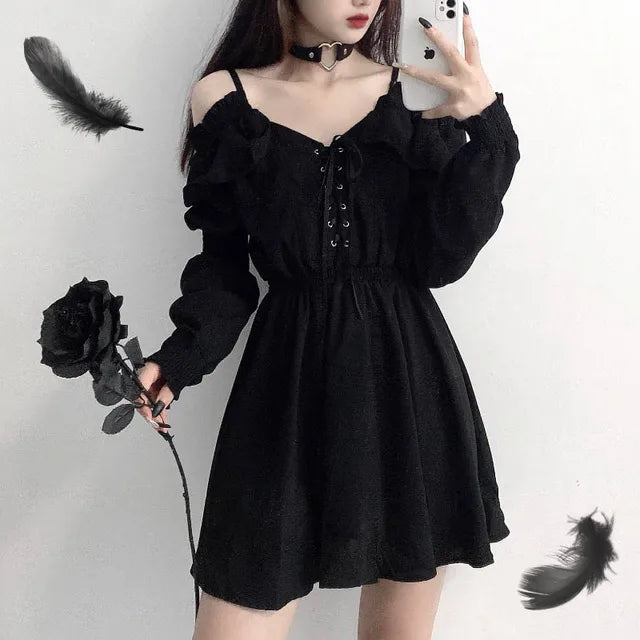 JMPRS Large Size Gothic Women Black Mini Dress Sexy Off Shoulder High Waist Tunic Ladies Party Dress Long Sleeve V Neck Vestidos