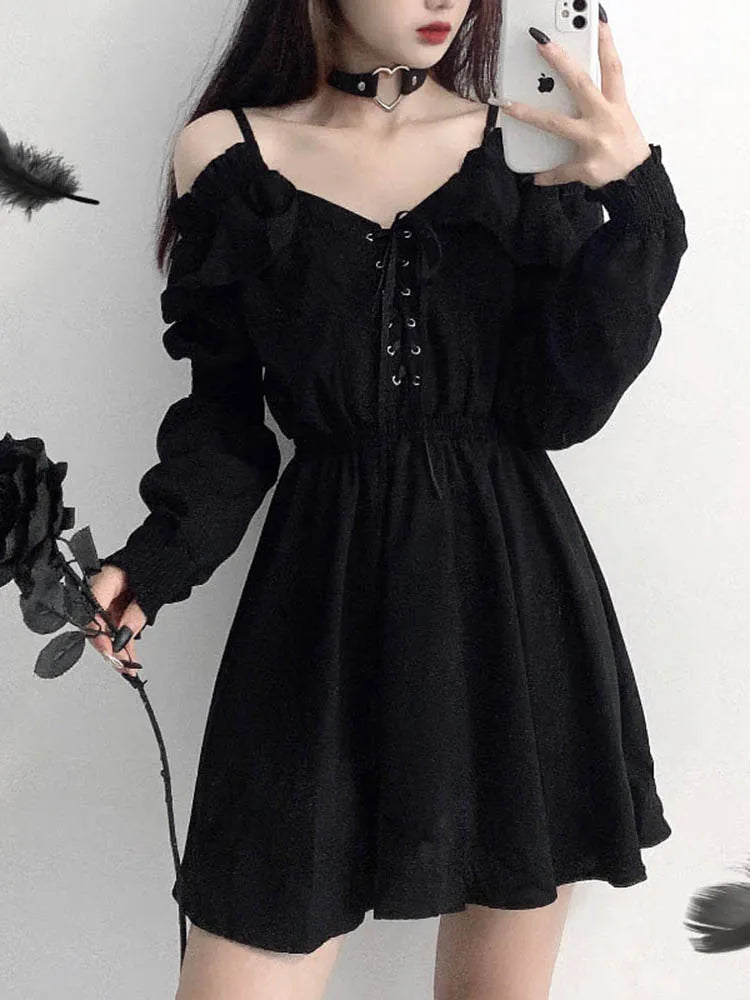 JMPRS Large Size Gothic Women Black Mini Dress Sexy Off Shoulder High Waist Tunic Ladies Party Dress Long Sleeve V Neck Vestidos