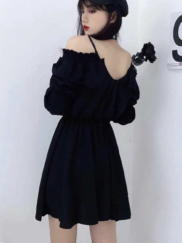 JMPRS Large Size Gothic Women Black Mini Dress Sexy Off Shoulder High Waist Tunic Ladies Party Dress Long Sleeve V Neck Vestidos