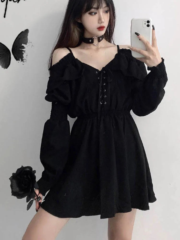 JMPRS Large Size Gothic Women Black Mini Dress Sexy Off Shoulder High Waist Tunic Ladies Party Dress Long Sleeve V Neck Vestidos