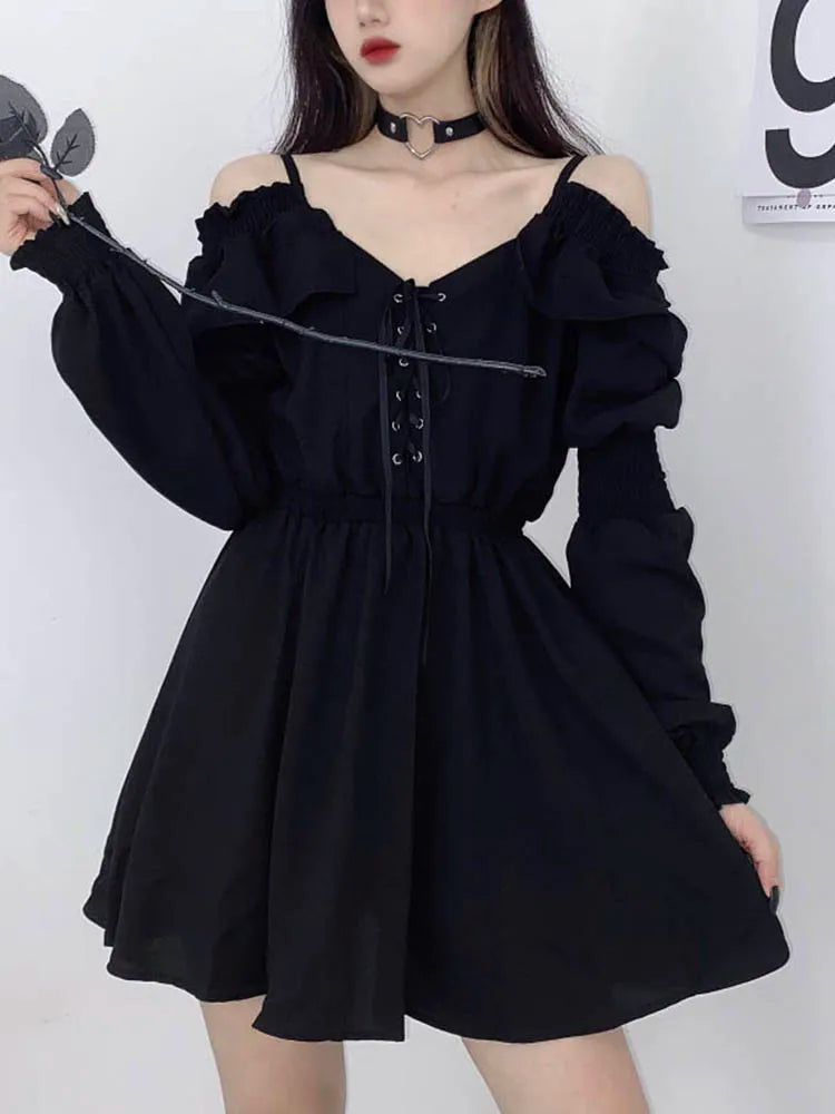 JMPRS Large Size Gothic Women Black Mini Dress Sexy Off Shoulder High Waist Tunic Ladies Party Dress Long Sleeve V Neck Vestidos