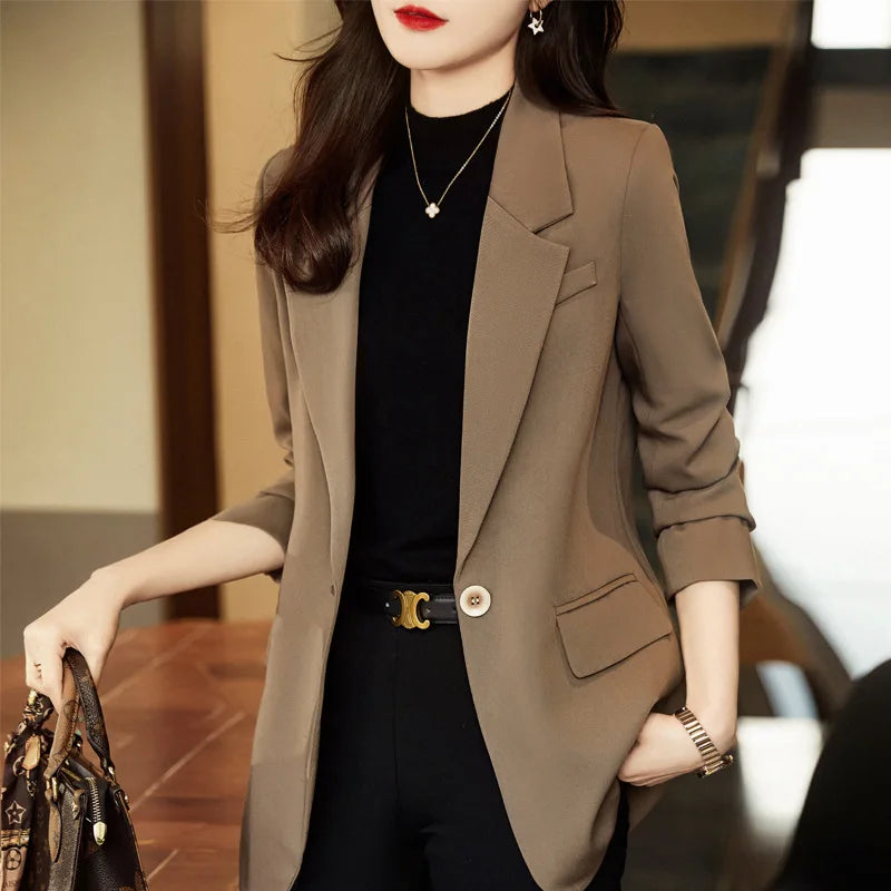 Korean Style Brown Suit Jacket for Women Blazer Spring Autumn Temperament Fashion Casual Coffee Blazer Woman Jacket