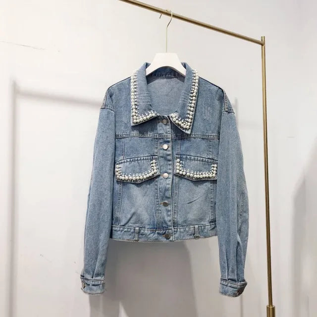 Korean Style Fashion Denim Jackets Womens Autumn New Turn-Down Collar Single Breasted Vintage Loose Elegant Solid Short Coat