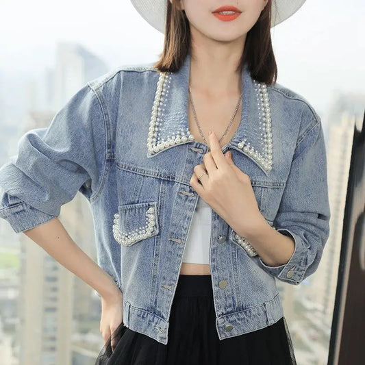 Korean Style Fashion Denim Jackets Womens Autumn New Turn-Down Collar Single Breasted Vintage Loose Elegant Solid Short Coat