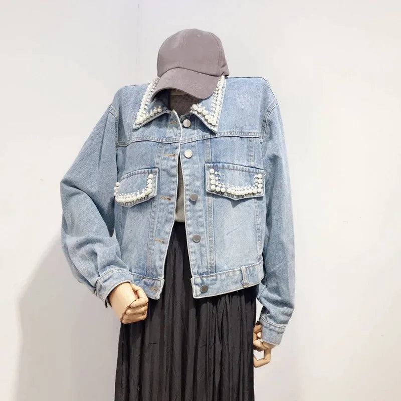 Korean Style Fashion Denim Jackets Womens Autumn New Turn-Down Collar Single Breasted Vintage Loose Elegant Solid Short Coat