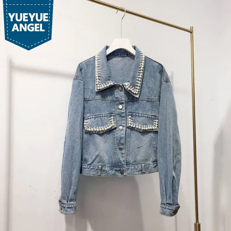 Korean Style Fashion Denim Jackets Womens Autumn New Turn-Down Collar Single Breasted Vintage Loose Elegant Solid Short Coat