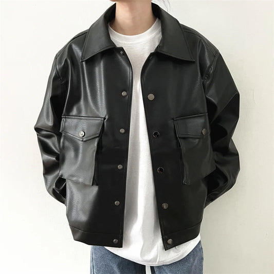 Legible Spring Autumn Casual Faux Leather Jackets Men Solid Loose Turn Down Collar PU Jacket Man