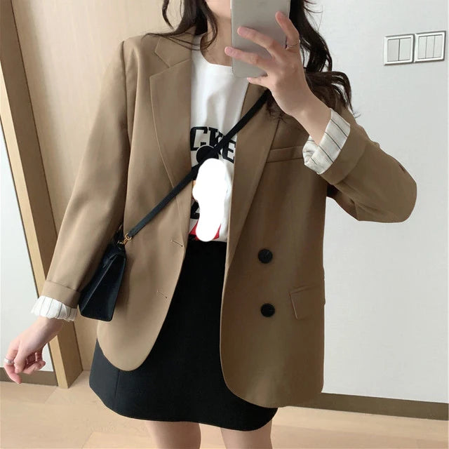 Lucyever 2022 Autumn Blazers Coats Women Korean Style Notched Single Breasted Outwear Ladies Basic Long Sleeve Office Blazer