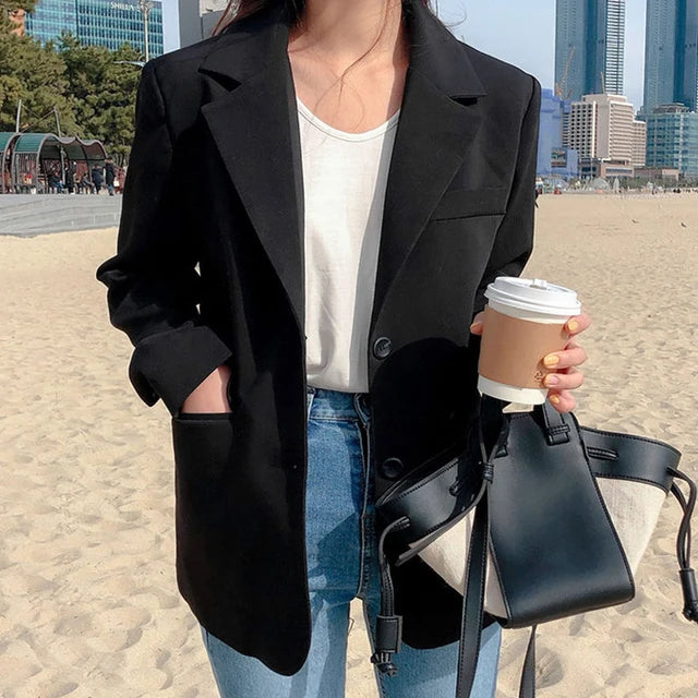 Lucyever 2022 Autumn Blazers Coats Women Korean Style Notched Single Breasted Outwear Ladies Basic Long Sleeve Office Blazer