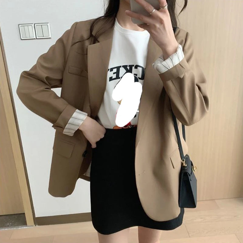 Lucyever 2022 Autumn Blazers Coats Women Korean Style Notched Single Breasted Outwear Ladies Basic Long Sleeve Office Blazer