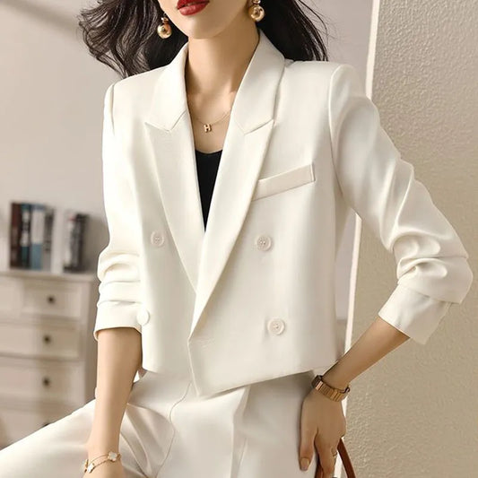 Lucyever Black Cropped Blazers for Women Korean Fashion Double-Breasted Office Suit Coat Ladies Vintage Long Sleeve Outerwear