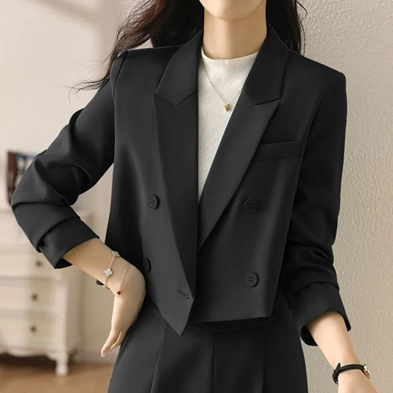 Lucyever Black Cropped Blazers for Women Korean Fashion Double-Breasted Office Suit Coat Ladies Vintage Long Sleeve Outerwear