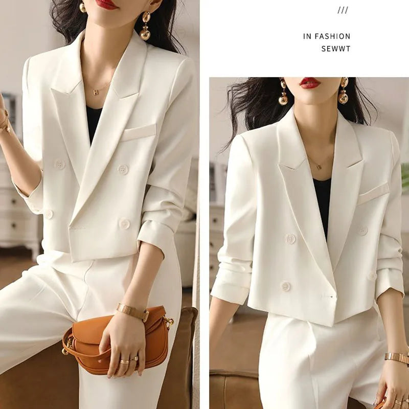 Lucyever Black Cropped Blazers for Women Korean Fashion Double-Breasted Office Suit Coat Ladies Vintage Long Sleeve Outerwear