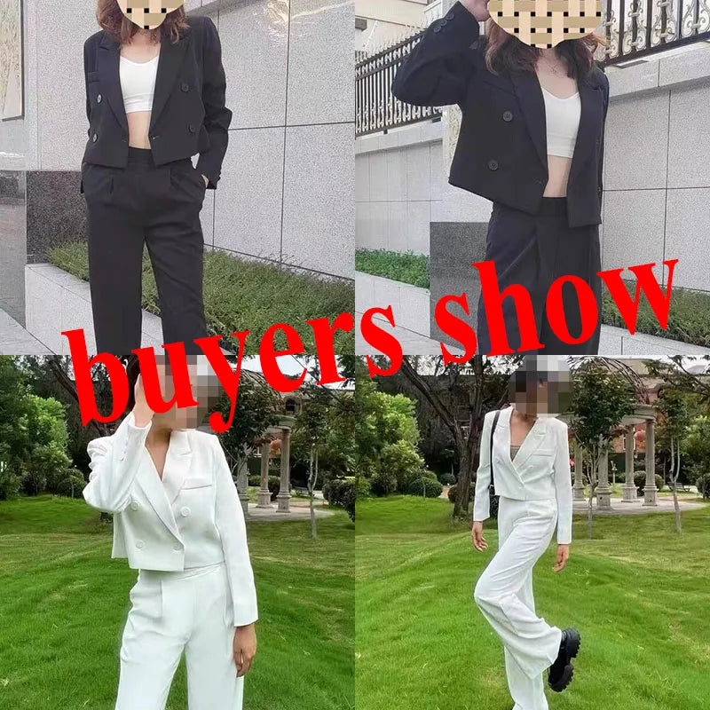 Lucyever Black Cropped Blazers for Women Korean Fashion Double-Breasted Office Suit Coat Ladies Vintage Long Sleeve Outerwear