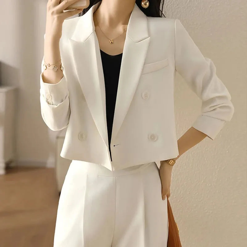 Lucyever Black Cropped Blazers for Women Korean Fashion Double-Breasted Office Suit Coat Ladies Vintage Long Sleeve Outerwear