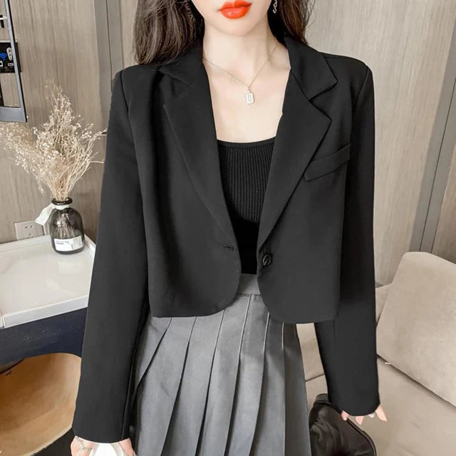 Lucyever Korean Cropped Blazers Women Solid Color Simple Single-button Outwear Teens All-match Long Sleeve Office Suit Jacket