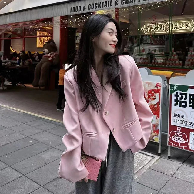 Lucyever Women Cropped Blazer Coat Casual All-Match Notched Collar Office Lady Blazers Korean Fashion Long Sleeve Outerwear 2023