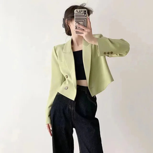 Lucyever Women Cropped Blazer Coat Casual All-Match Notched Collar Office Lady Blazers Korean Fashion Long Sleeve Outerwear 2023