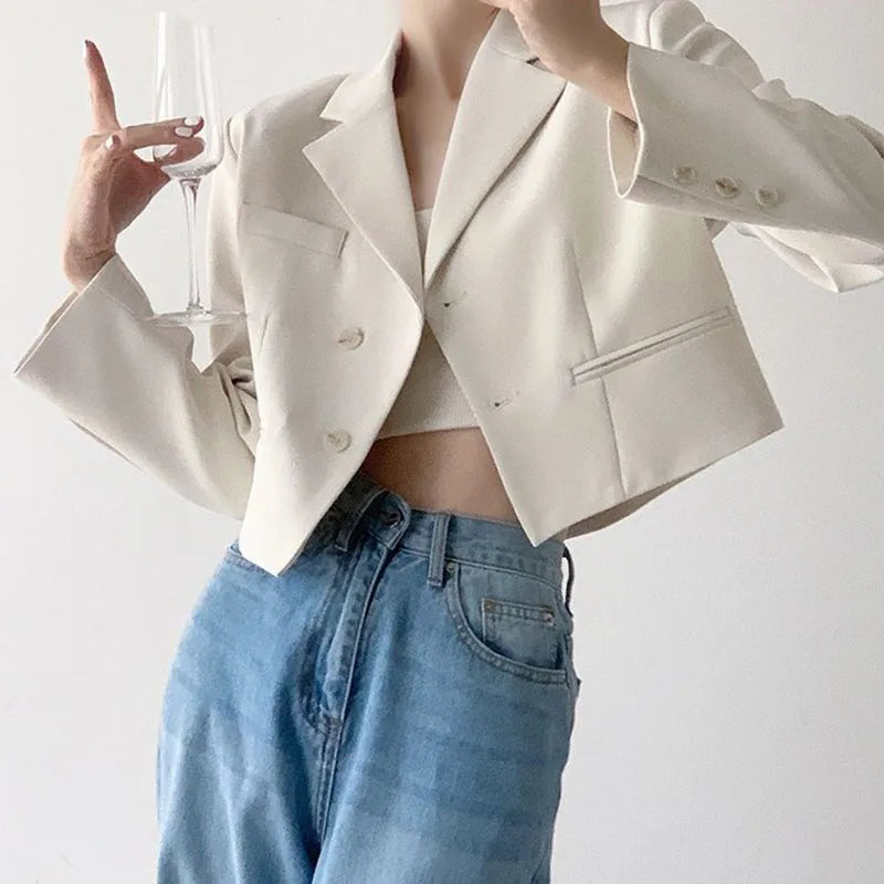 Lucyever Women Cropped Blazer Coat Casual All-Match Notched Collar Office Lady Blazers Korean Fashion Long Sleeve Outerwear 2023