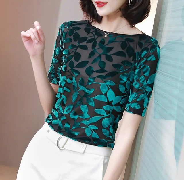 M-3XL Short sleeve Women shirt Fashion Summer Tops New style Slash neck Velvet T shirt